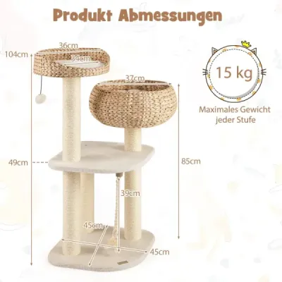 104 cm dřevěný škrabadlo pro kočky s bidýlkem, košíkem a sisalovými sloupky, lezecká koule béžová