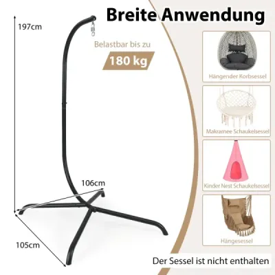 Závěsný rám židle s háčky, nosnost do 180 kg, kovový rám, závěsný sedák, černý