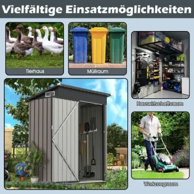 Kovový zahradní domek 150 x 90,5 x 185 cm | 1,5 m³ kůlna na nářadí s pultovou střechou, světle šedý