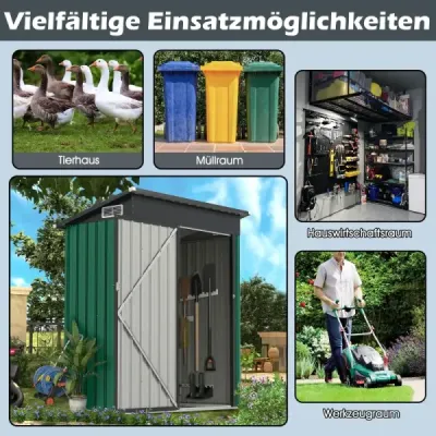 Kovový zahradní domek 150 x 90,5 x 185 cm | 1,5 m³ kůlna na nářadí s pultovou střechou, zelená