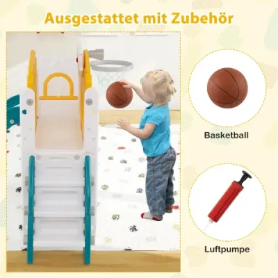 Dětská skluzavka 9 v 1 dětská skluzavka s basketbalovým košem, prolézačkou, tunelem, teleskopem a úložným prostorem žlutá+zelená