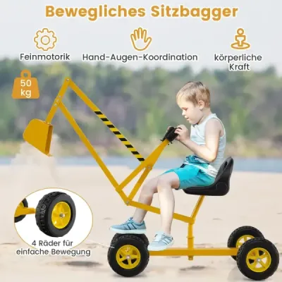 Rypadlo s otočným sedadlem o 360° pro sezení na kovové plošině s lopatou a koly, pískoviště pro rypadlo žluté