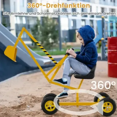 Rypadlo s otočným sedadlem o 360° pro sezení na kovové plošině s lopatou a koly, pískoviště pro rypadlo žluté
