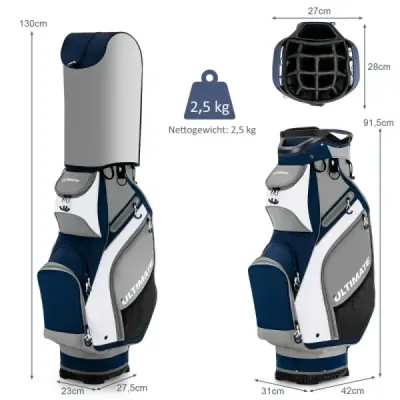 Lehký a přenosný golfový bag po celé délce se 14 přihrádkami Navy + Grey