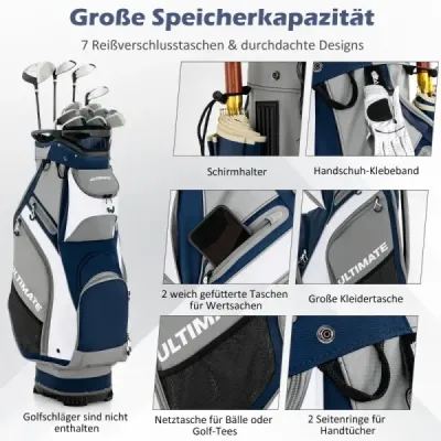 Lehký a přenosný golfový bag po celé délce se 14 přihrádkami Navy + Grey