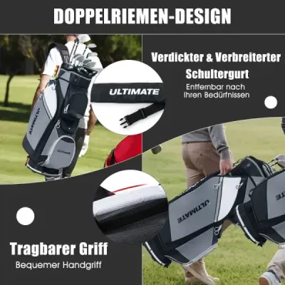 Golfový bag se 14 přihrádkami a vodotěsnou kapsou na cennosti černý + šedý