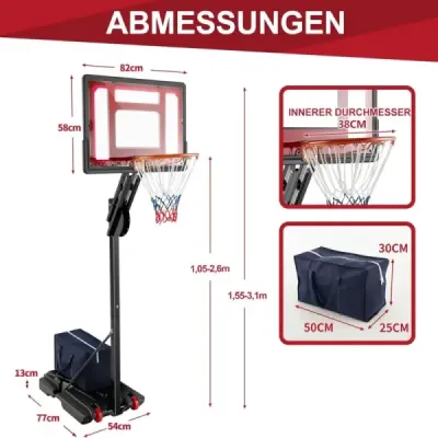 Výškově nastavitelný basketbalový stojan Basketbalový koš se stojanem a 2 kolečky 105-260 cm černý