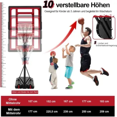 Výškově nastavitelný basketbalový stojan Basketbalový koš se stojanem a 2 kolečky 105-260 cm černý