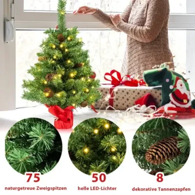 64 cm velký osvětlený mini vánoční stromeček na stůl s 50 LED světly, zelený