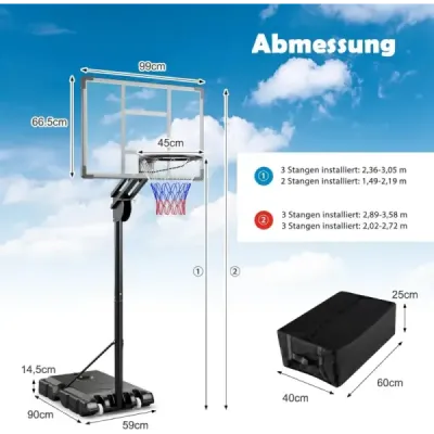 Outdoor Basketball Hoop 135/143-305 cm Výškově nastavitelný basketbalový stojan se 2 kolečky