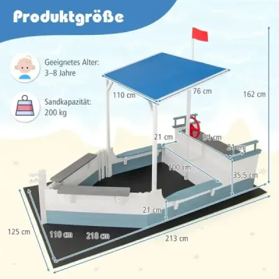 Pískoviště se střechou, dřevěné pískoviště s pirátskou lodí, stožárem na vlajku, kormidlem a lavičkou