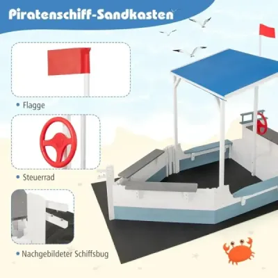 Pískoviště se střechou, dřevěné pískoviště s pirátskou lodí, stožárem na vlajku, kormidlem a lavičkou