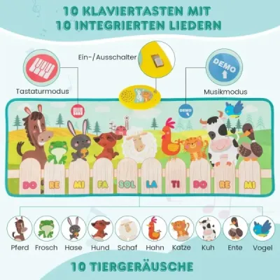 Hudební podložka, dětská podložka na klavír s 10 zvuky zvířat a 10 zvuky klavíru, taneční podložka s klávesami a 10 písněmi