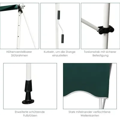 Markýza s upínacími svorkami, šířka 200 cm, balkonová markýza bez vrtání, UV odolná, výškově nastavitelná, zelená