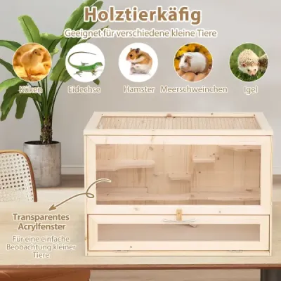 Dřevěná klec pro křečky s víkem ze síťoviny a ohrádkou s více žebříky