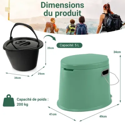 Přenosná kempingová toaleta s odnímatelnou vložkou do kbelíku, cestovní toaleta, nosnost až 200 kg, zelená