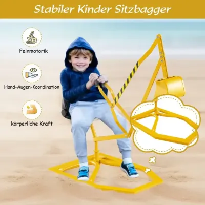 Sedací bagr, otočný o 360°, kovový bagr, pískoviště s lopatou, bagr s pojízdnou sedačkou žlutý