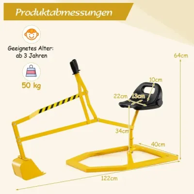Sedací bagr, otočný o 360°, kovový bagr, pískoviště s lopatou, bagr s pojízdnou sedačkou žlutý