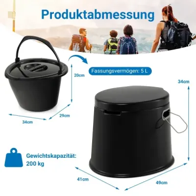 Přenosná kempingová toaleta s odnímatelnou vložkou do kbelíku, cestovní toaleta, nosnost až 200 kg, černá
