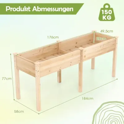 Venkovní vyvýšený záhon s nohami 185 x 58 x 77 cm dřevěný květináč s dělicí stěnou přírodní barvy