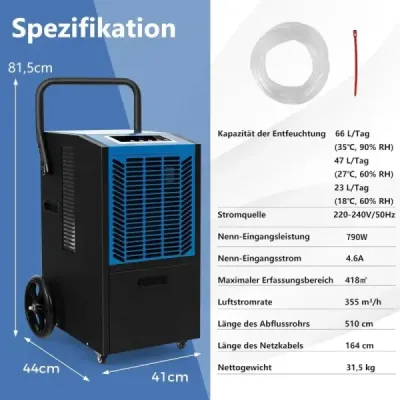 Odvlhčovač s výkonem 66 l/den s 24hodinovým časovačem a automatickým odmrazováním stavební sušičky