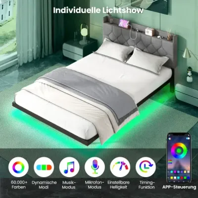 Plovoucí rám postele s LED osvětlením, moderní postel s platformou, nastavitelným čalouněným čelem a nabíjecí stanicí, šedá