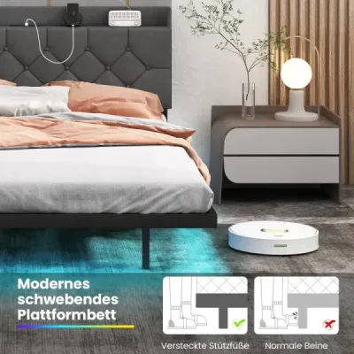 Plovoucí rám postele s LED osvětlením, moderní postel s platformou, nastavitelným čalouněným čelem a nabíjecí stanicí, šedá