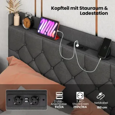 Plovoucí rám postele s LED osvětlením, moderní postel s platformou, nastavitelným čalouněným čelem a nabíjecí stanicí, šedá
