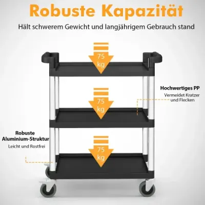 Servírovací vozík se 3 patry, odolný transportní vozík s aretovatelnými kolečky a dvojitými rukojeťmi, černý