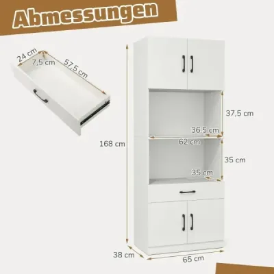 Kuchyňská skříňka 168 cm bufetová skříňka s nabíjecí stanicí 1 USB a 1 typ C spížní skříňka Kuchyňská linka se 4 dvířky Bílá