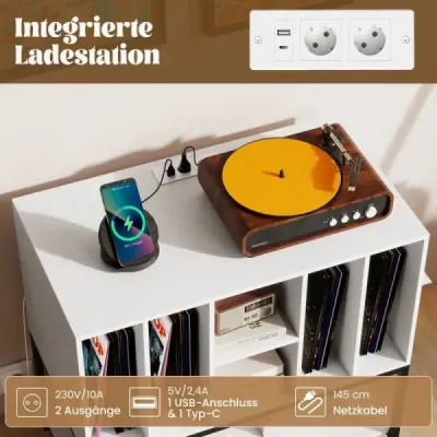 Stojan na gramofon s nabíjecí stanicí a úložným prostorem na vinyly Boční skříňka Police na vinyly Bílá