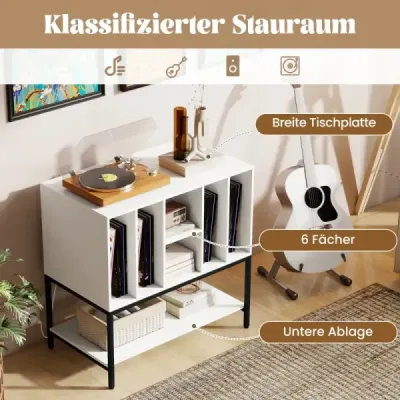 Stojan na gramofon s nabíjecí stanicí a úložným prostorem na vinyly Boční skříňka Police na vinyly Bílá