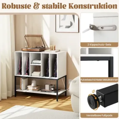 Stojan na gramofon s nabíjecí stanicí a úložným prostorem na vinyly Boční skříňka Police na vinyly Bílá