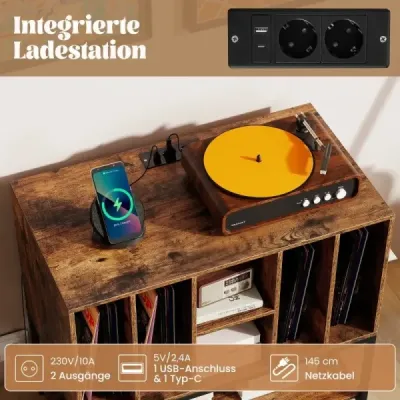 Stojan na gramofon s nabíjecí stanicí a úložným prostorem na vinyly Boční skříňka Police na vinyly Káva