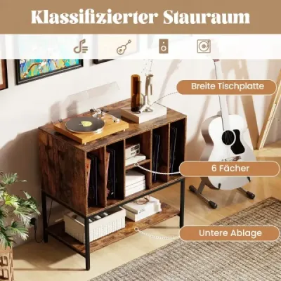 Stojan na gramofon s nabíjecí stanicí a úložným prostorem na vinyly Boční skříňka Police na vinyly Káva