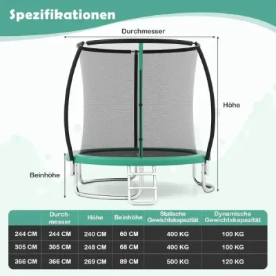Trampolína Ø244 cm s žebříkem a bezpečnostní sítí kulatá zahradní trampolína dětská trampolína zelená