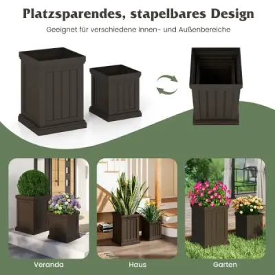 Sada 2 čtvercových květináčů, výška 48/31,5 cm, odolné a stohovatelné, květináče s drenážními otvory, plastový květináč z PP, hnědý