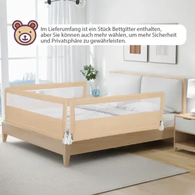 150 cm dlouhá zábrana na postel pro batolata skládací zábrana na dětskou postel s odnímatelným potahem prodyšná síťovina béžová