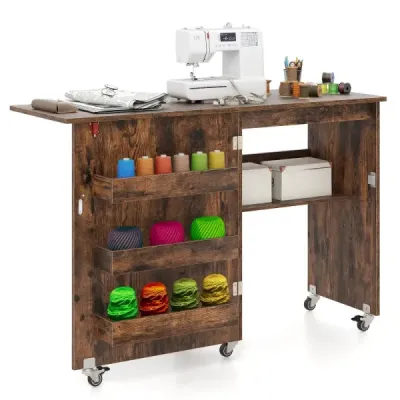 Skládací šicí stůl, pojízdná pracovní stanice s úložným prostorem, 3 skryté nádoby, mobilní šicí stůl, 118,5 x 40 x 79,5 cm, hnědý