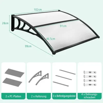Stříška na vchodové dveře o rozměrech 102 x 99 cm vyrobená z hliníku a průhledného polykarbonátu