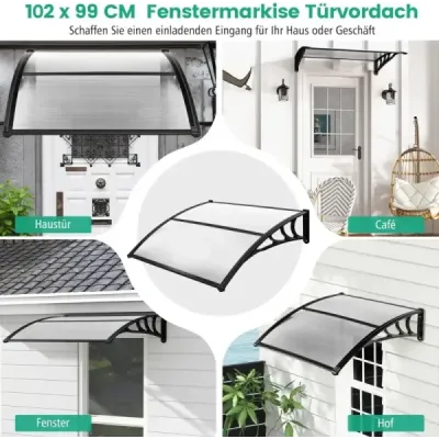 Stříška na vchodové dveře o rozměrech 102 x 99 cm vyrobená z hliníku a průhledného polykarbonátu