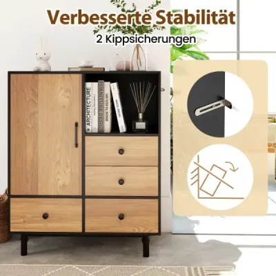Středověká moderní úložná skříňka s 4 zásuvkami a otevřeným prostorem, černá