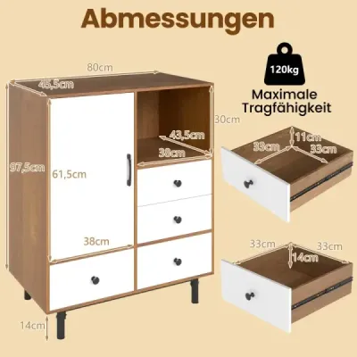 Středověká moderní úložná skříň se 4 zásuvkami a otevřeným prostorem, přírodní