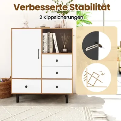Středověká moderní úložná skříň se 4 zásuvkami a otevřeným prostorem, přírodní
