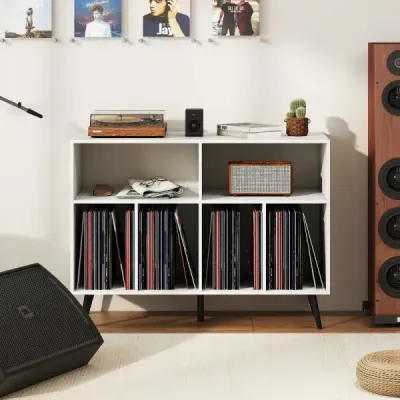 3patrový stojan na gramofon s policemi na vinylové desky, skříňka na gramofon, bílá