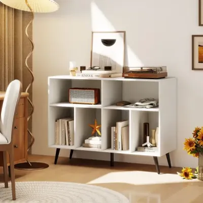 3patrový stojan na gramofon s policemi na vinylové desky, skříňka na gramofon, bílá