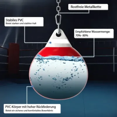 Boxovací pytel na vodu Ø45 cm, boxovací pytel 50 kg s nastavitelným kovovým řetězem, červený