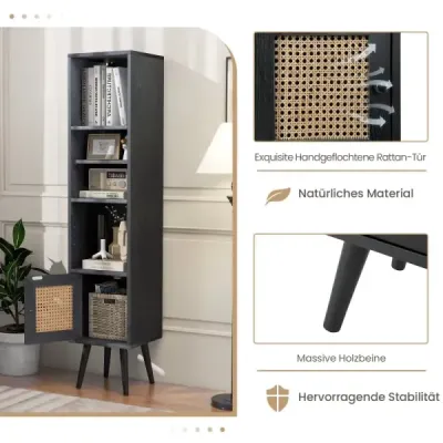 Vysoká ratanová knihovna se 4 policemi a ratanovými dvířky, boho styl, černá