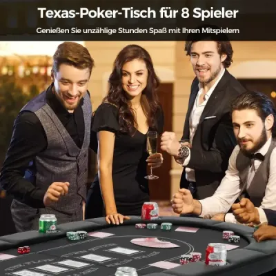 Skládací pokerový stůl pro 8 hráčů s držáky na nápoje a polstrovanými područkami, černý