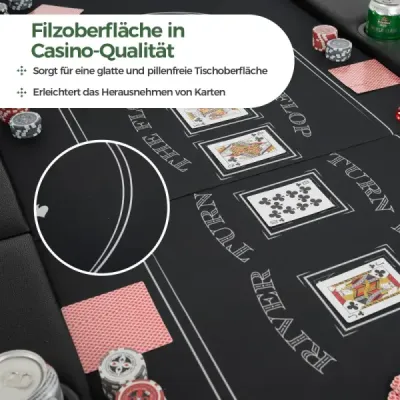 Skládací pokerový stůl pro 8 hráčů s držáky na nápoje a polstrovanými područkami, černý